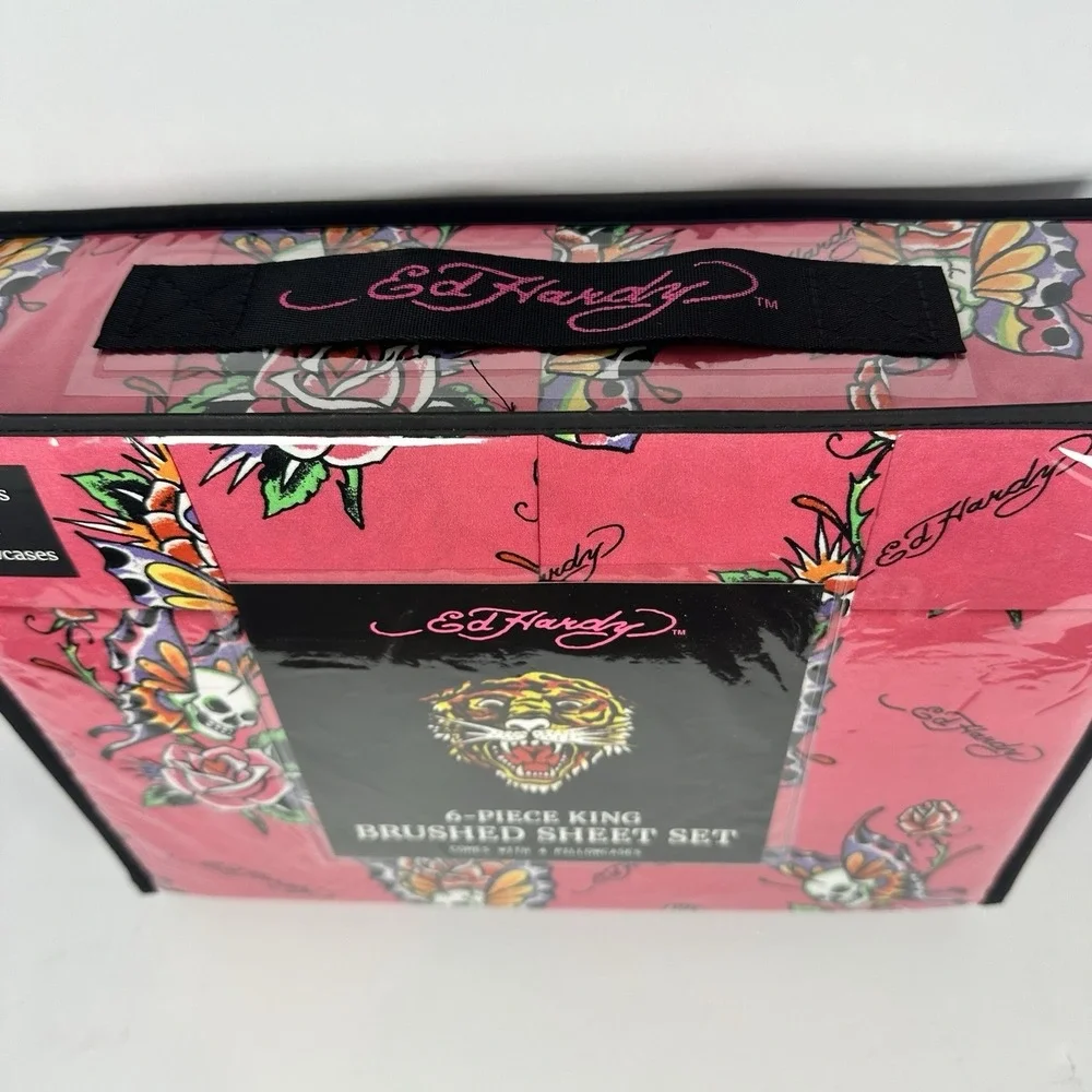 Ed Hardy King Size 6-Piece Sheet Set Pink Skull Rose Tattoo Print 4 Pillowcases